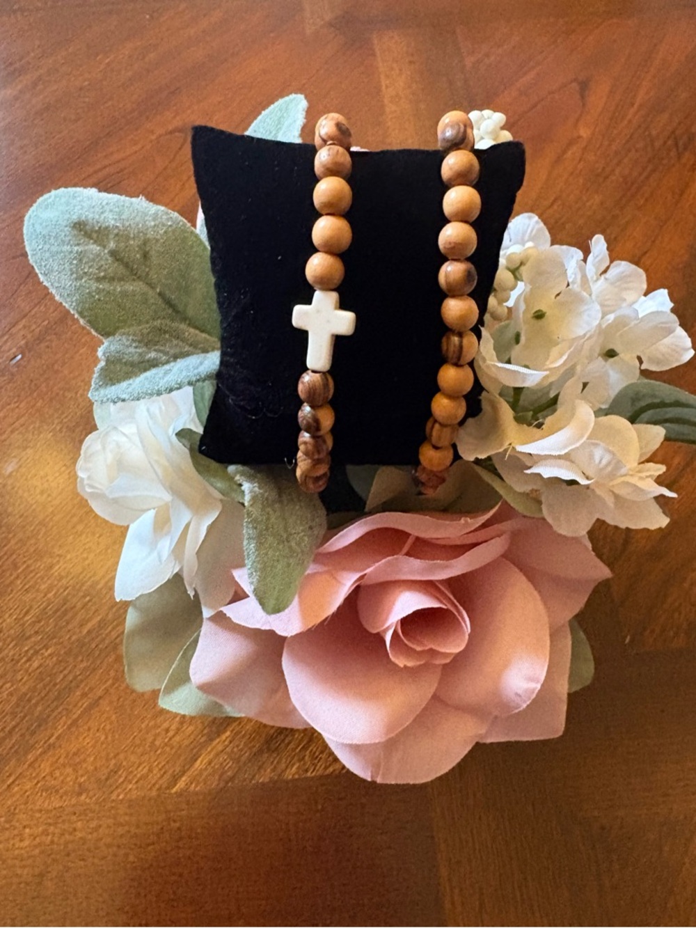 Handcrafted Wooden Bead Bracelet with White Jade Cross Accent - Brown